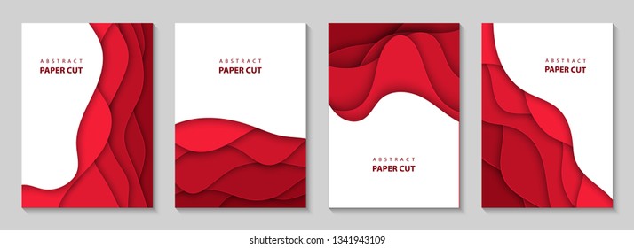 Vector vertical flyers with red paper cut waves shapes. 3D abstract paper style, design layout for business presentations, flyers, posters, prints, decoration, cards, brochure cover, banners. 