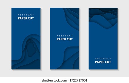 Vector vertical flyers with trendy blue paper cut waves shapes. 3D abstract paper style, design layout for business presentations, flyers, posters, prints, decoration, cards, brochure cover, banners.
