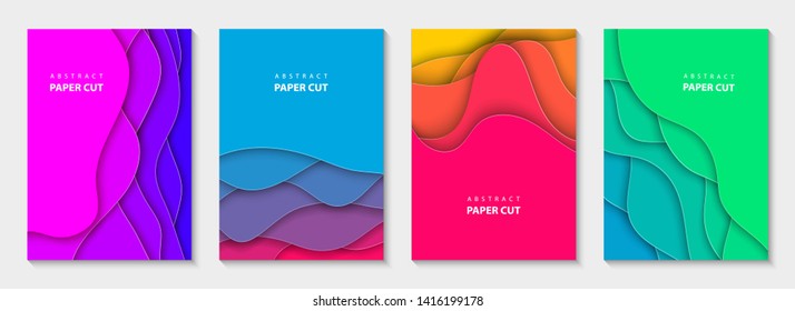 Vector vertical flyers with vivid colors paper cut waves shapes. 3D abstract paper style, design layout for business presentations, flyers, posters, prints, decoration, cards, brochure cover, banners.