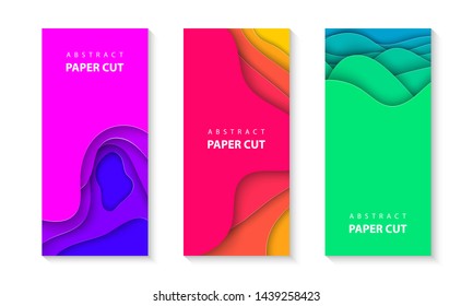 Vector vertical flyers with vivid colors paper cut waves shapes. 3D abstract paper style, design layout for business presentations, flyers, posters, prints, decoration, cards, brochure cover, banners.