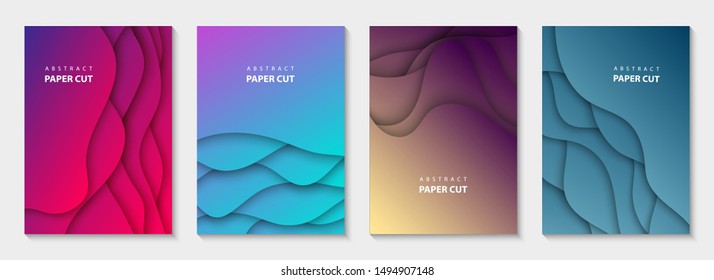 Vector vertical flyers with vivid colors paper cut waves shapes. 3D abstract paper style, design layout for business presentations, flyers, posters, prints, decoration, cards, brochure cover, banners.