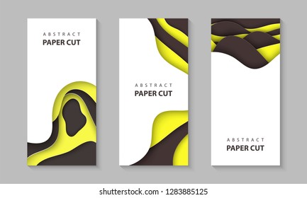 Vector vertical flyers with yellow black color paper cut shapes. 3D abstract paper style, design layout for business presentations, flyers, posters, prints, decoration, cards, brochure cover, banners.