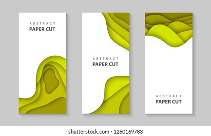 Vector vertical flyers with yellow color paper cut waves shapes. 3D abstract paper style, design layout for business presentations, flyers, posters, prints, decoration, cards, brochure cover, banners.
