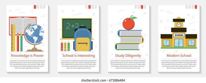 Vector vertical four banners on white background for school and education. Building, books with apple, backpack, board, globe and other items in flat style