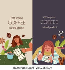 Vector vertical frame, banner, background with hand drawn coffee, girl, woman characterm coffee beans, coffee maker and   elements. 