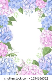Vector vertical frame with blue and pink hydrangea flowers on white background. Gentle floral design. Can be used as design element for wedding , greeting card, package and other.