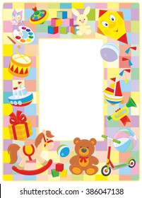 Vector vertical frame border with colorful toys drawn in cartoon-style