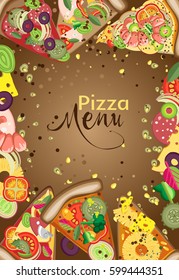 Vector vertical frame of pieces of pizza and ingredients. You can use to create a menu, banner or advertising poster