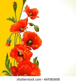 Vector vertical frame with red poppies and ladybugs
