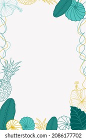 Vector vertical frame for text and inscriptions with tropical leaves, fruits and flowers. Frame for the inscription tropics. Postcard template