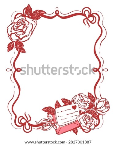 Vector vertical frame with white roses and a love letter. A bouquet of flowers with a bow and a message from someone who adores you. A quick ink sketch. Valentine's Day template. Coquette style.