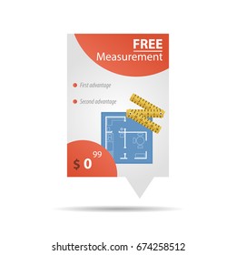 Vector vertical free measurement banner with house plan and measuring tape and price in corner. Template for web design isolated on white background