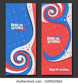 Vector vertical futuristic Banners, 2 layouts for design flyers with spiral abstract pattern and copy space for advertising text, mockup templates with blue and red waves background for presentation.