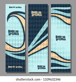 Vector vertical futuristic Banners, 3 layouts for design templates with rhombus abstract pattern and copy space for advertising text, mockup with blue background of bavarian flag for presentation.