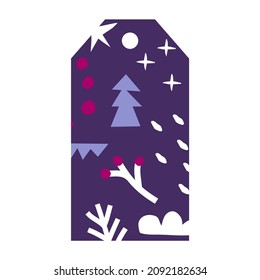 Vector vertical gift tag with hand drawn flat elements (xmas tree, branch, stars and snow). Simple illustration with geometric shapes. Minimalistic concept for decoration of Christmas gift boxes