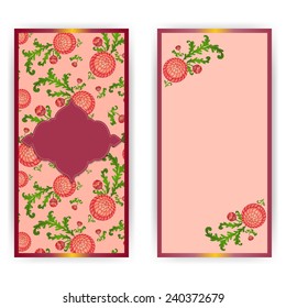 Vector vertical greeting card with lace pattern of flowers and frame, place for text