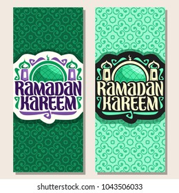 Vector vertical greeting card with muslim calligraphy Ramadan Kareem, cut paper logo with original brush typeface for words ramadan kareem, dome and minaret of mubarak mosque on green moroccan pattern