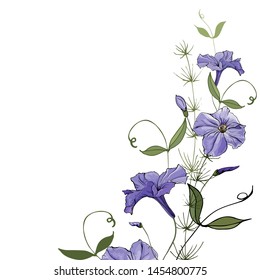 Vector vertical greeting card with violet flowers petunia. Floral background for design, posters, postcard. 
