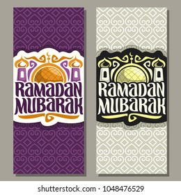 Vector vertical greeting cards for muslim calligraphy Ramadan Mubarak, original brush typeface for words ramadan mubarak, golden dome and minarets of mubarak mosque on purple and grey moroccan pattern