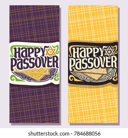 Vector vertical greeting cards for Passover holiday, decorative handwritten font for text happy passover, on vintage plate kosher flatbread matzah, star of David, cut paper sign on abstract background