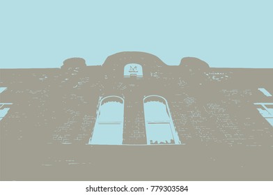 vector vertical grunge texture for design. the old symmetric building with Windows