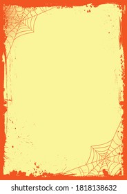 The vector vertical Halloween banner blank yellow template background with grunge orange border and spider net