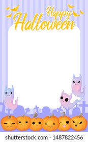 Vector vertical halloween banner with cute hand draw cats ghost and pumpkins on pastels violet background wuth stripes and graveyard silhouette and orange text happy halloween with bats