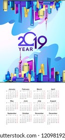 vector vertical illustration of a 2019 calendar template, in English with the image of the Chinese city of Shanghai on an abstract white background and different bright colors