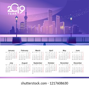 Vector vertical illustration of a 2019 calendar template, in English with the image of the night Chinese city of Shanghai illuminated with neon lights and bright lights