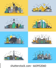 Vector vertical illustration background icon linear style architecture building town city country travel Moscow, Russian, capital, France, Paris, Japan, India, Egypt, pyramids, China, Brazil, USA