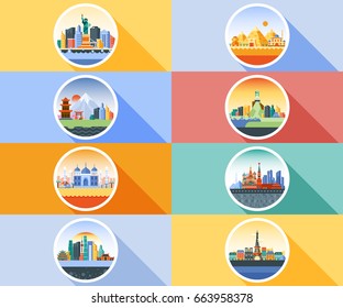 Vector vertical illustration background icon circle flat style architecture building town city country travel Moscow, Russian, capital, France, Paris, Japan, India, Egypt, pyramids, China, Brazil, USA