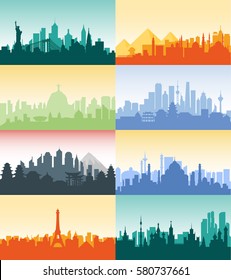 Vector vertical illustration background silhouette architecture buildings monuments town city country travel Moscow, Russian, capital, France, Paris, Japan, India, Egypt, pyramids, China, Brazil, USA