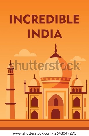 Vector vertical illustration banner of Taj Mahal with caption Incredible India. Ideal for holidays, tourism, presentations, social media and posters about beauty and cultural richness of India