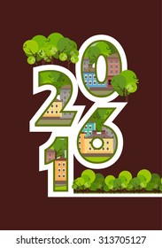 Vector vertical illustration of city emblem caps decorated with eco town houses
