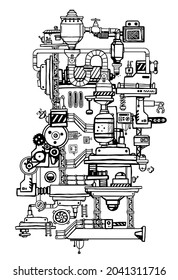 Vector Vertical Illustration of Complex Mechanism of Product Production. Line Art Style Design of Black and White Retro Machine on White Color Background