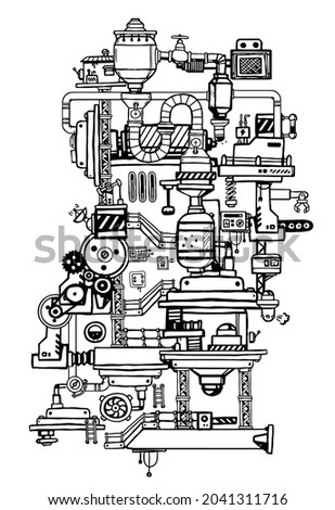 Vector Vertical Illustration of Complex Mechanism of Product Production. Line Art Style Design of Black and White Retro Machine on White Color Background