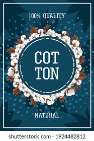 Ilustración vertical vectorial con ramas y hojas de algodón. Cartel de publicidad textil y embalaje de productos de tejidos naturales. Etiqueta textil de calidad superior