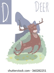 Vector vertical illustration of deer with colorful background, jumping in the wood. Capital letter D. Cute stylish animal alphabet, perfect for educational materials.