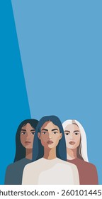 Vector vertical illustration for Equality Day and Women's Day. Women's month. Women of different nationalities together. Gender equality and women's empowerment movements for women's projects