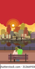 Vector vertical illustration of an evening pier is a couple in love and looking at the city at night and reflection in water