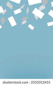 Vector vertical illustration of falling white paper cards from above on transparent background.