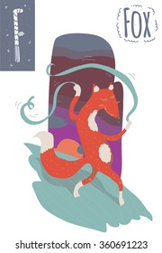 Vector vertical illustration of fox with colorful background, dancing with ribbons on sunset. Capital letter F. Cute stylish animal alphabet, perfect for educational materials.