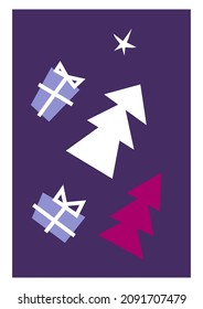 Ilustración vertical vectorial con formas minimalistas dibujadas a mano. Concepto plano con elementos abstractos (cajas de regalo, árboles de Spruce) para carteles de invierno y tarjetas de felicitación navideñas sobre fondo morado