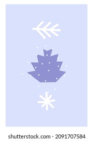 Vertikale Vektorgrafik mit handgezeichneten minimalistischen Formen. Flaches Konzept mit abstrakten Elementen (Schneeflocken, Kegel, Fichtenzweig) für Winterplakate und Weihnachtsgeschenkkarten auf blauem Hintergrund