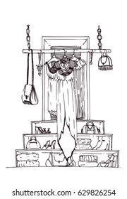 Vector vertical illustration with hand drawn long dress on hangers in creative graphic interior. Black and white fashion drawing, made with black ink, isolated on white. Lots of accessories on back