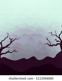 Vector vertical illustration with hills dry trees in the fog