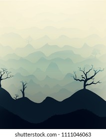Vector vertical illustration with hills dry trees in the fog