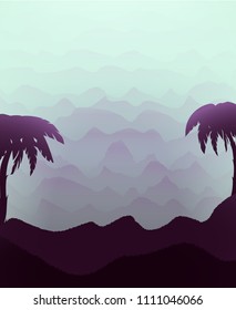 Vector vertical illustration with hills palm trees in the fog