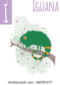 Vector vertical illustration of iguana with colorful background, watching at the flower. Capital letter I. Cute stylish animal alphabet, perfect for educational materials.