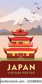 Vektorillustration, vertikale Abbildung eines japanischen heiligen Tempels am Ufer des Wassers auf einem Vintage-Plakat